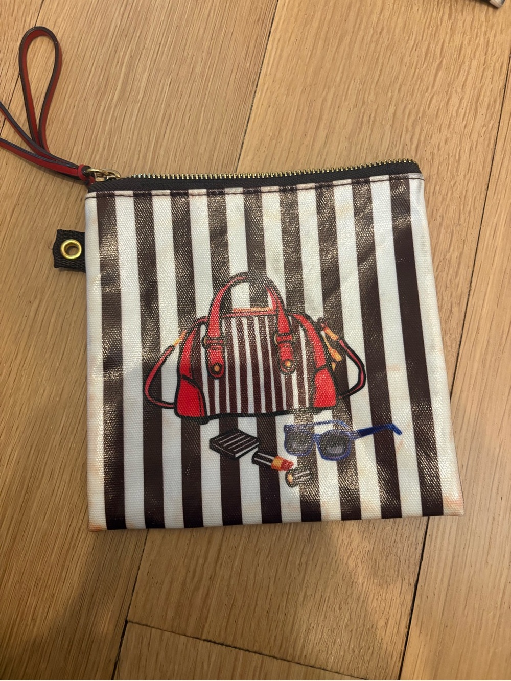 Henri Bendel Striped Cosmetic 3pc travel Pouch Set - brown & white - Picture 4 of 8